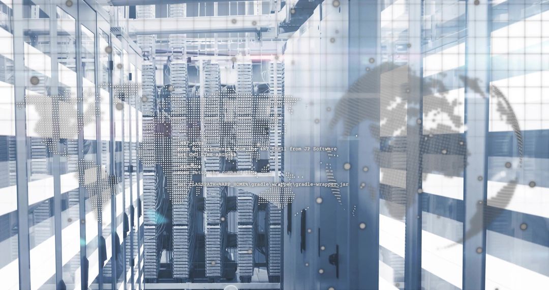 Futuristic Data Center with World Map and Server Racks