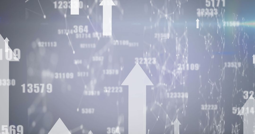 Rising White Arrows Amidst Floating Data Numbers and Digital Network