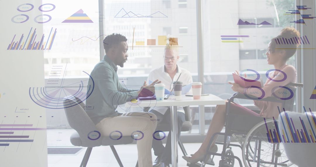 Diverse Team Strategizing with Digital Data Graphics Overlay