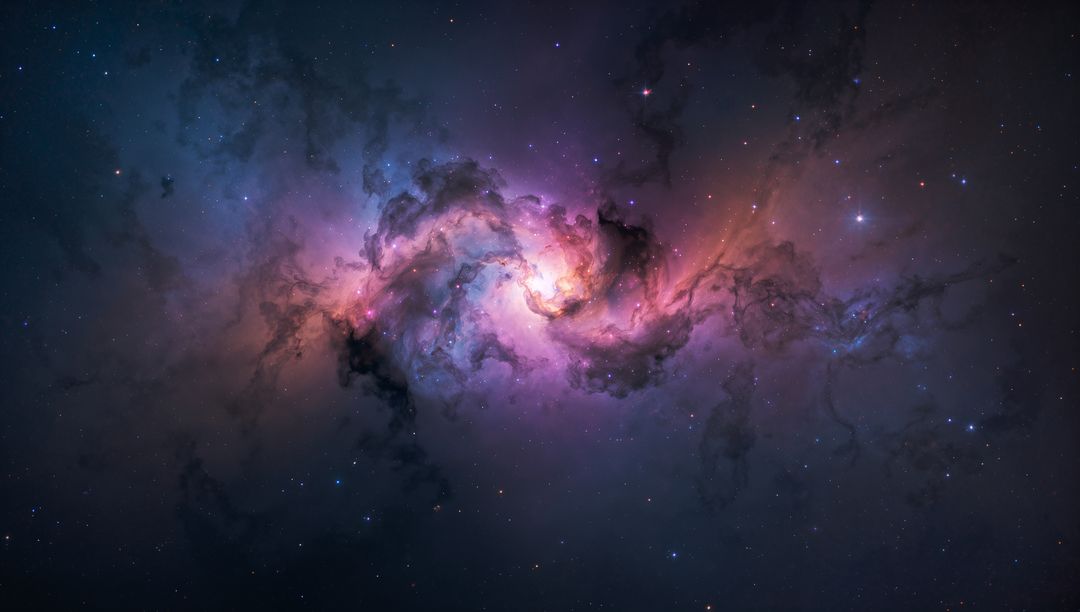 Vivid spiral emission nebula glowing with bright core, dust lanes and cosmic filaments