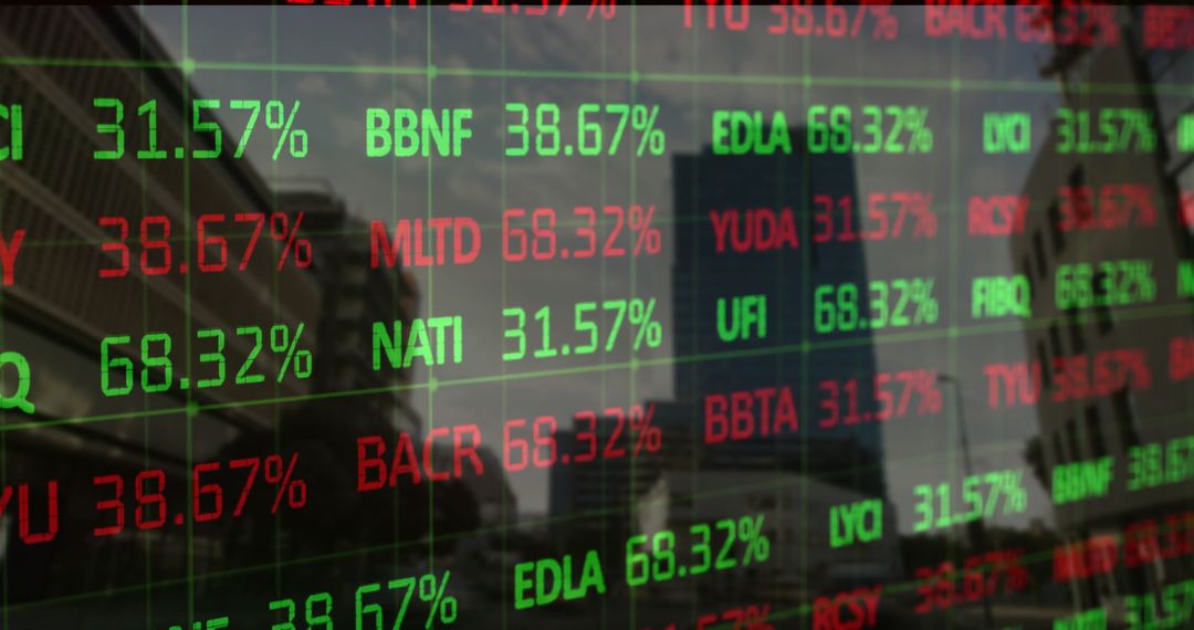 Reflective Stock Ticker Display over Urban Cityscape