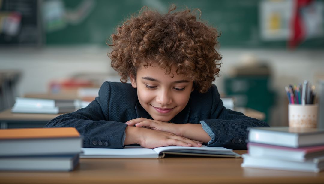 Young Student Engaged in Reading at School Desk with Book Stacks