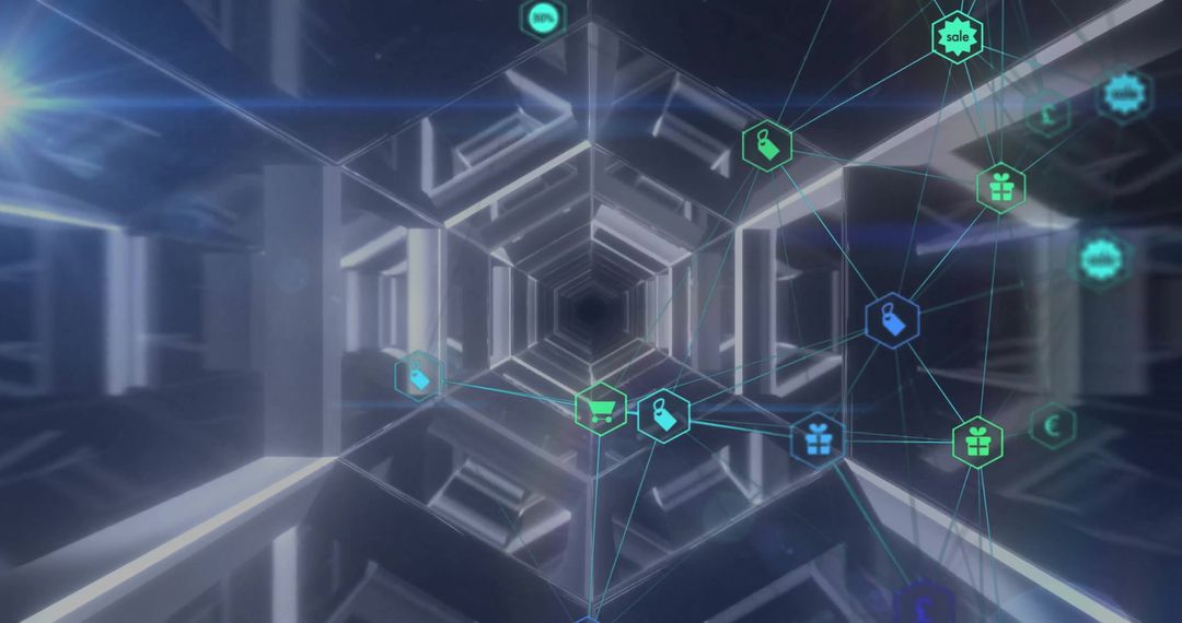 Futuristic Digital Tunnel with Network Icons on Dark Background