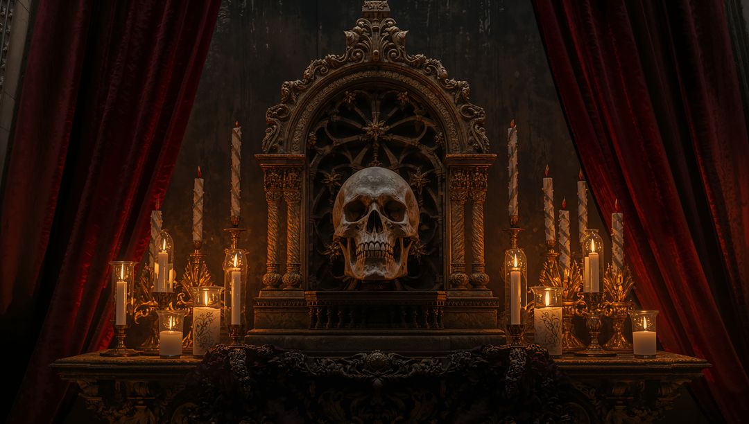 Gothic Chamber Altar with Skull and Candlelight