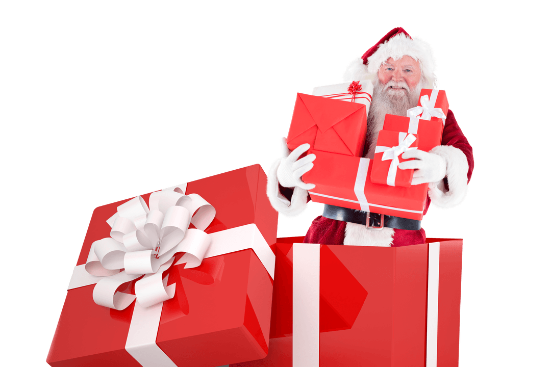 Santa Claus in Transparent Gift Box with Red Present Shelves