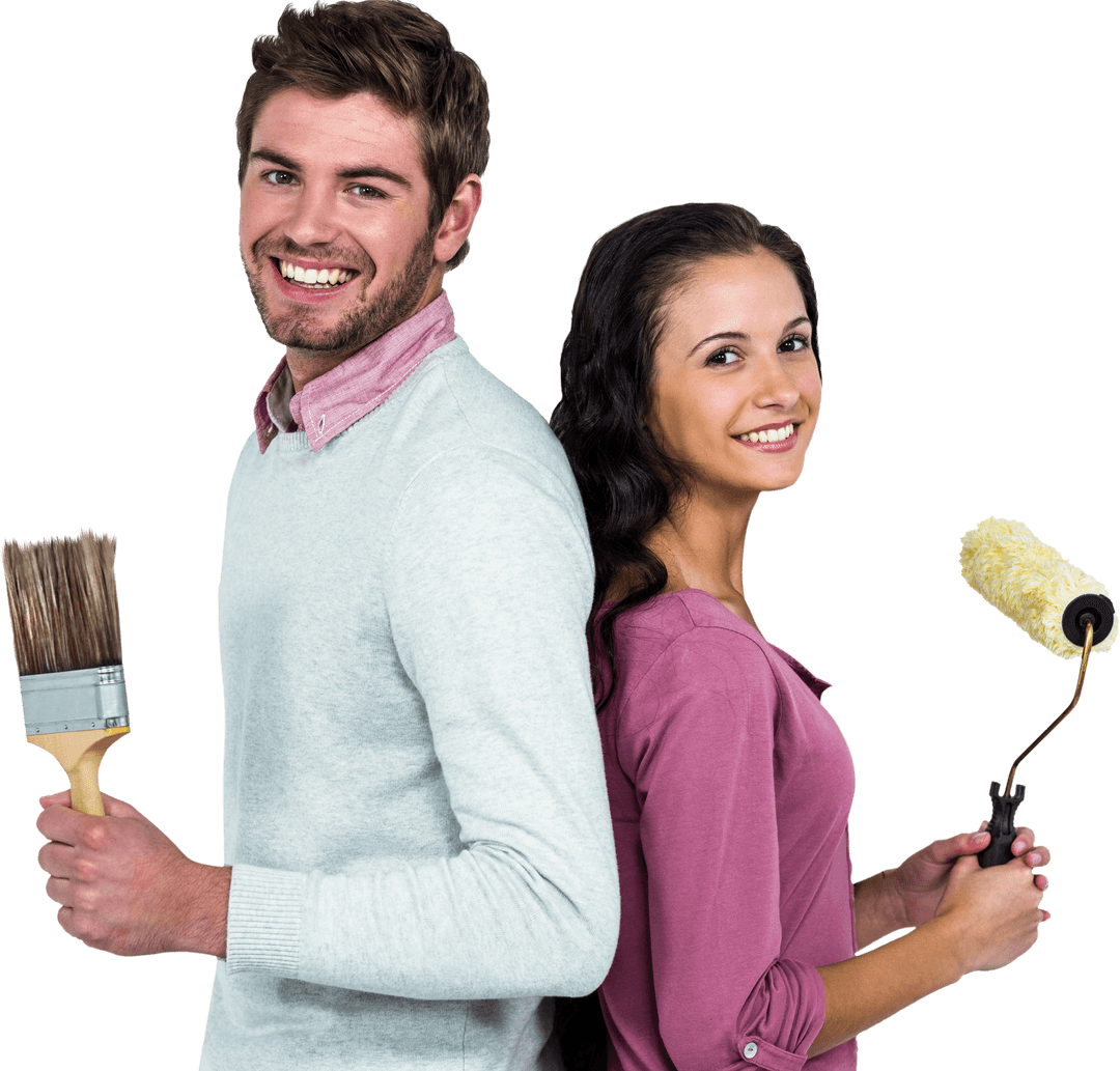 Smiling Couple Holding Paint Tools Preparing for Home Painting Transparent
