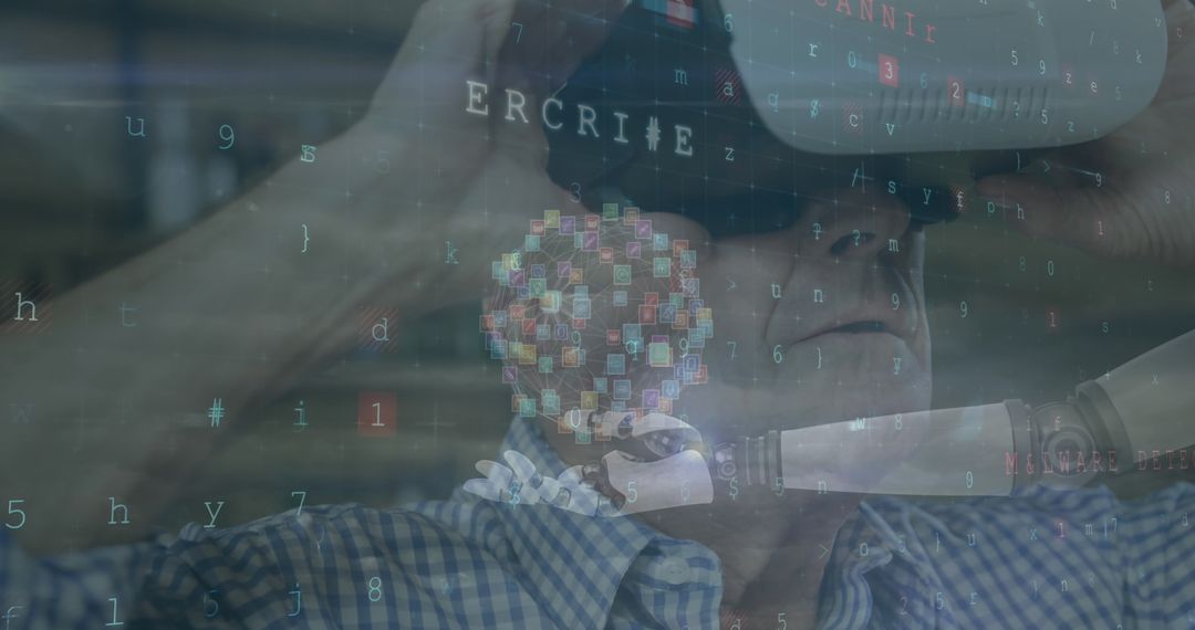 Senior Man Immersed in Virtual Reality Concept with Digital Data Overlay