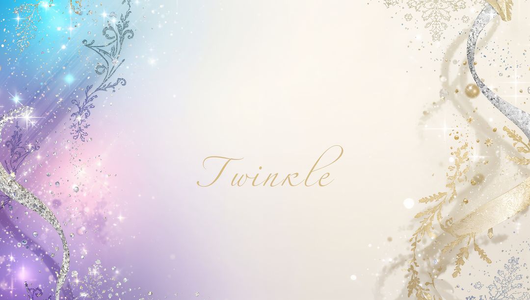 Twinkle Gold Script on Pastel Gradient with Metallic Ribbon Swirls and Filigree Sparkle