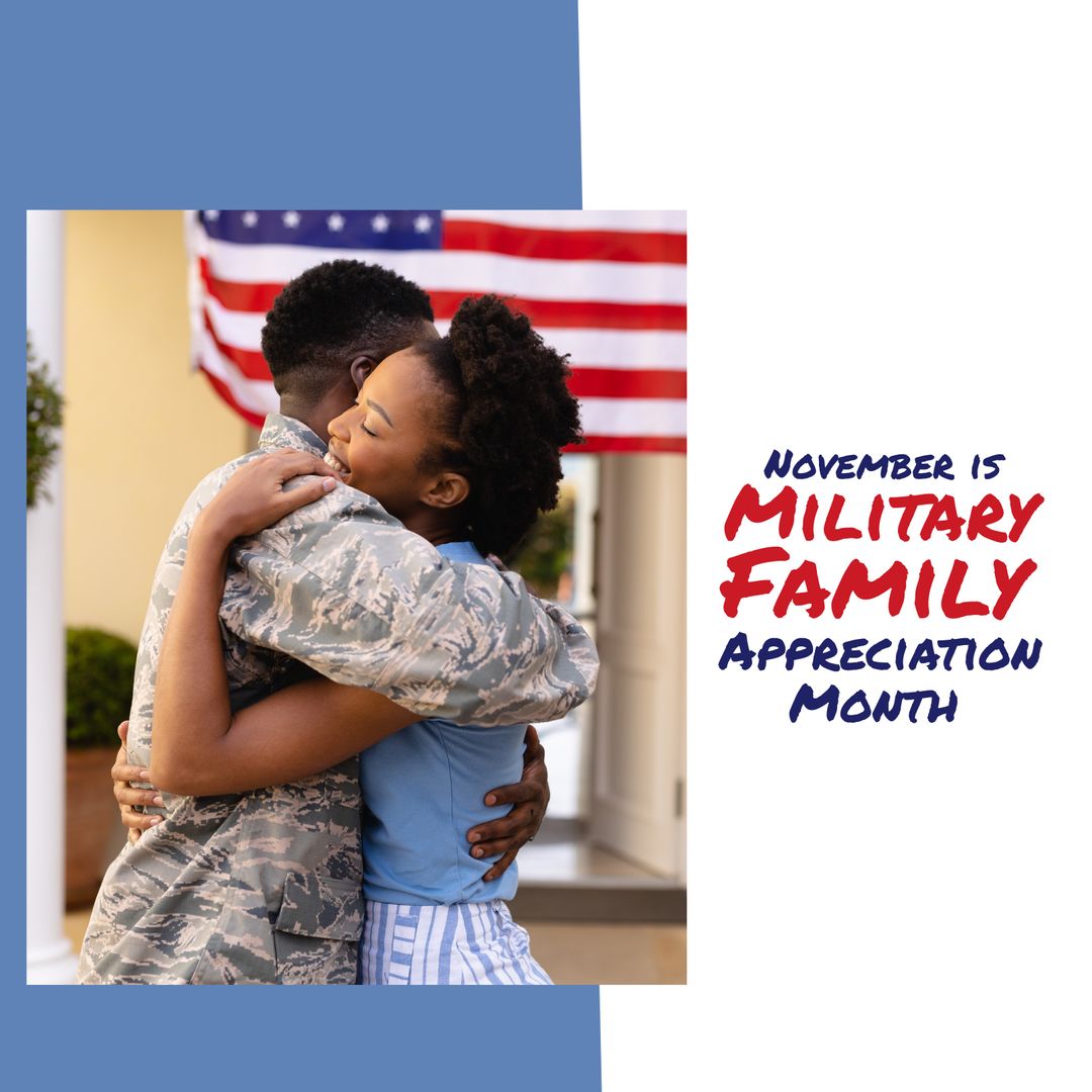Military Family Appreciation Month Hugging Couple in Front of Flag