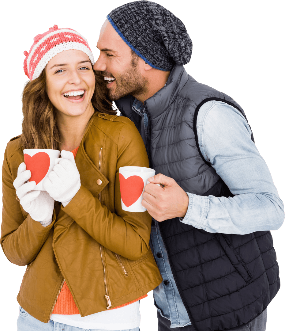 Smiling Couple Holding Mugs in Winter Clothing with Heart Design Transparent