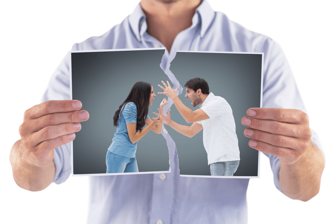 Man Holding Torn Photo of Couple Arguing Transparent Background
