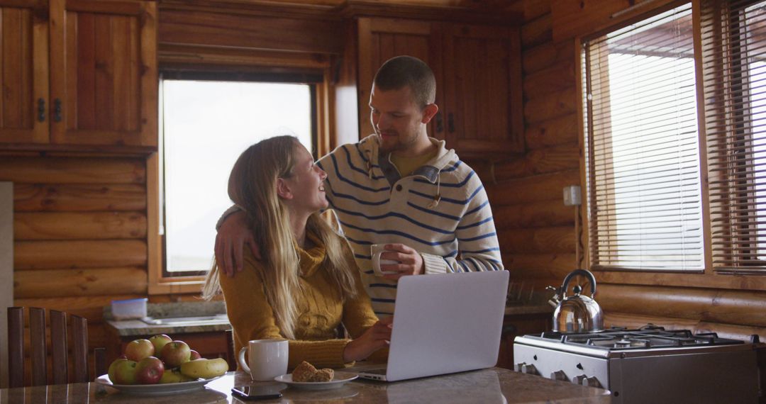 Charming Couple Enjoying Coffee in Rustic Log Cabin