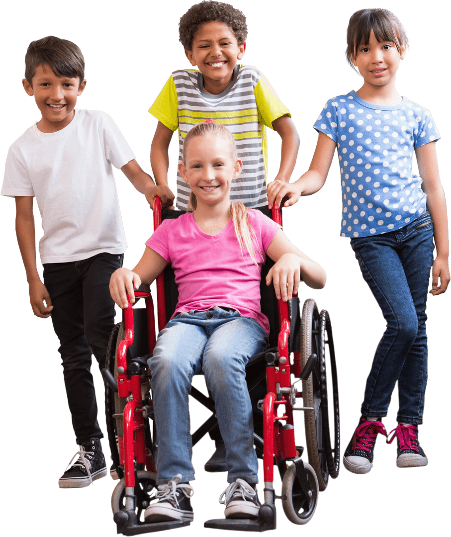 Diverse Group of Happy Elementary School Friends with Wheelchair Accessibility