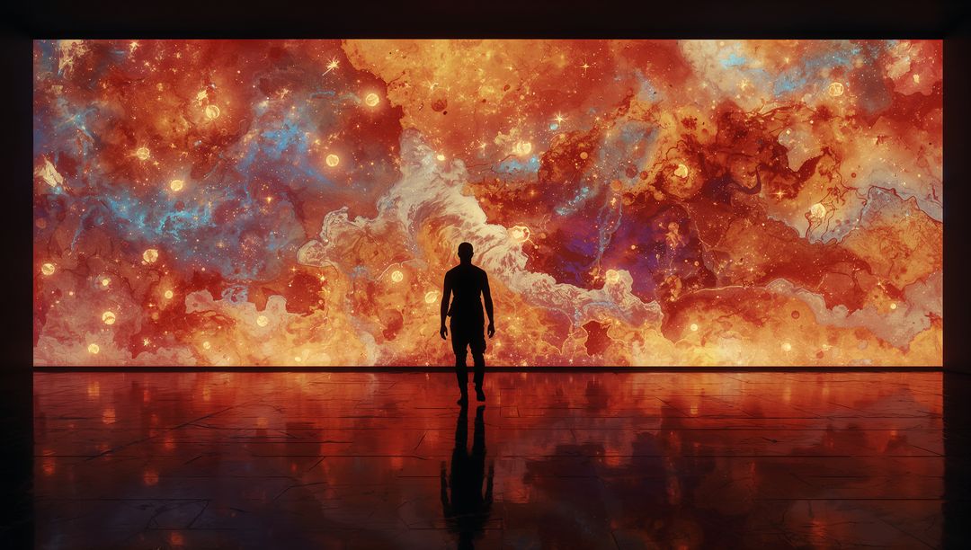 Standing silhouette facing expansive nebula gallery wall mirroring on reflective floor