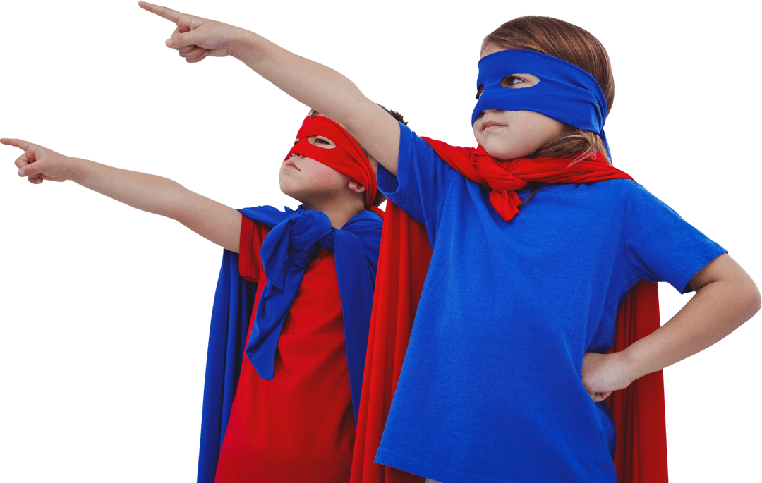 Children Pointing as Superheroes in Colorful Costumes on Transparent Background