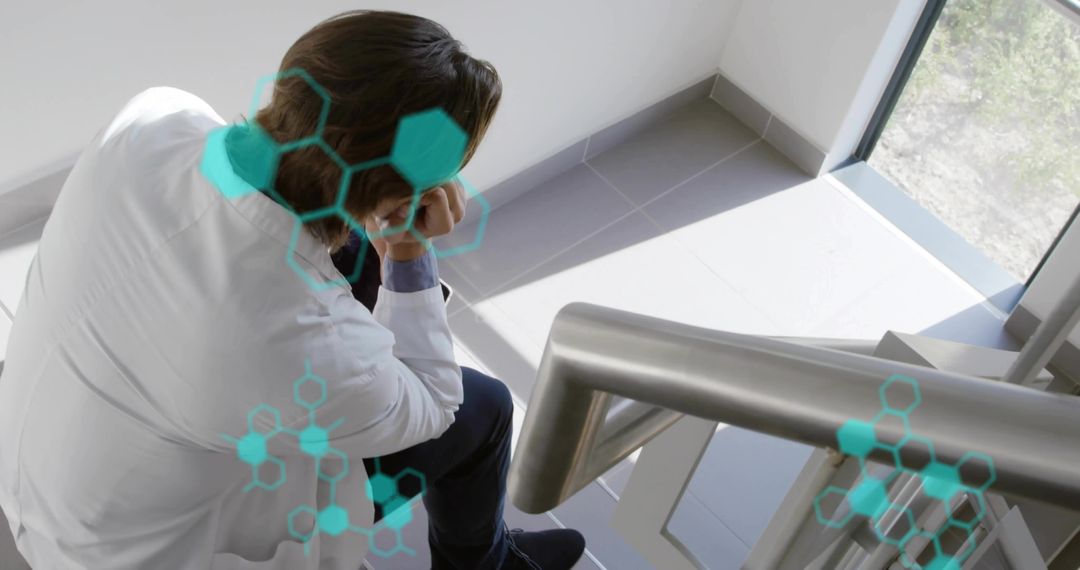 Researcher resting on staircase contemplating results with teal molecular overlays alone