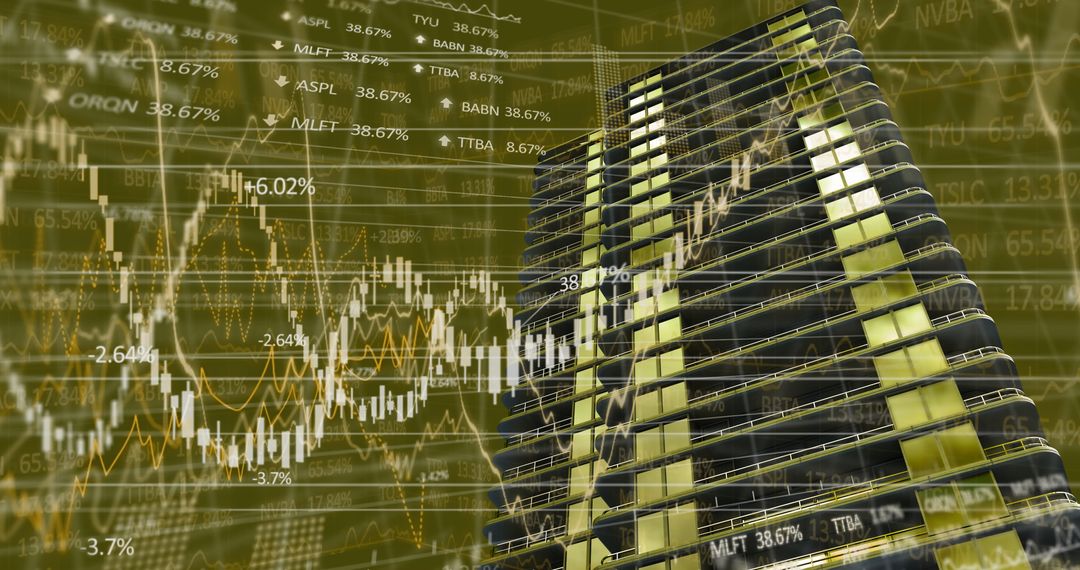 Financial Data Charts Over Tall Building Reflecting Stock Market Trends