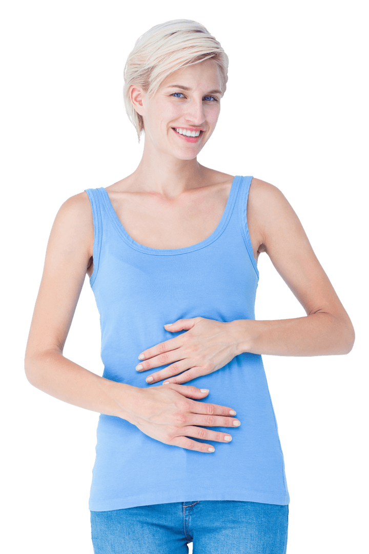 Transparent Smiling Woman Touching Stomach in Casual Outfit