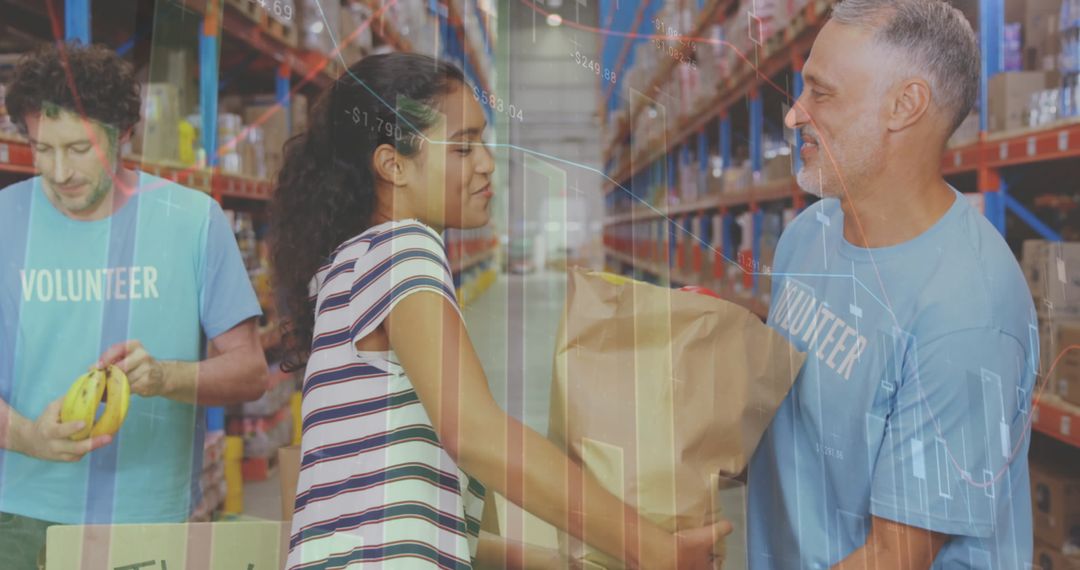 Volunteers Distributing Donations in Warehouse with Overlaying Data Graphics