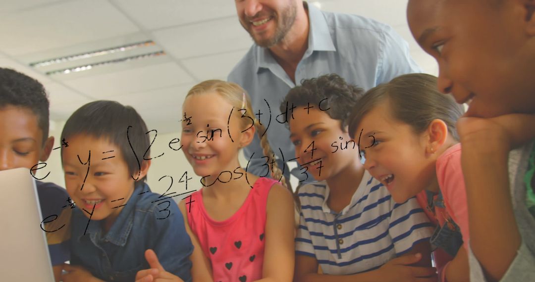 Diverse Pupils Learning Math with Enthusiastic Teacher in School