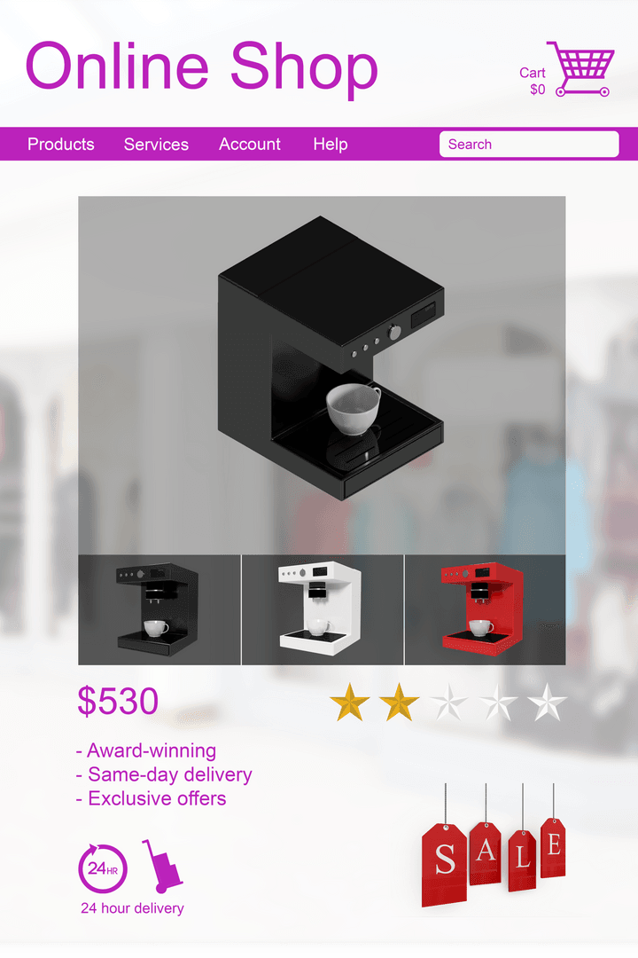 Transparent Online Coffee Machine E-commerce Display with Sale Tags