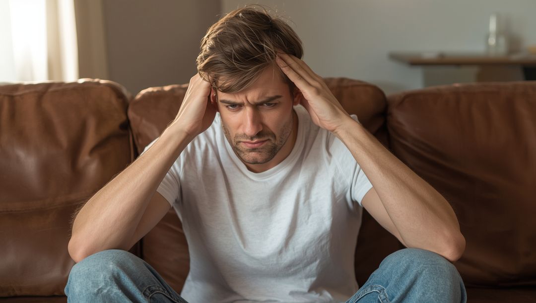 Man in Deep Thought Sitting on Brown Leather Couch at Home