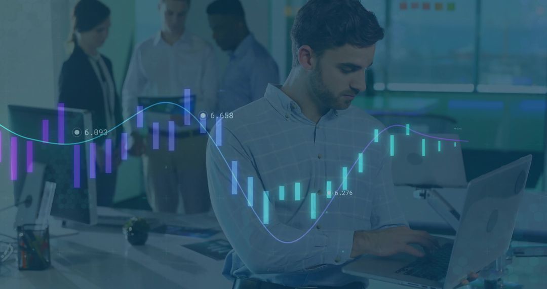 Business Team Analyzing Data with Digital Chart Overlay in Modern Office