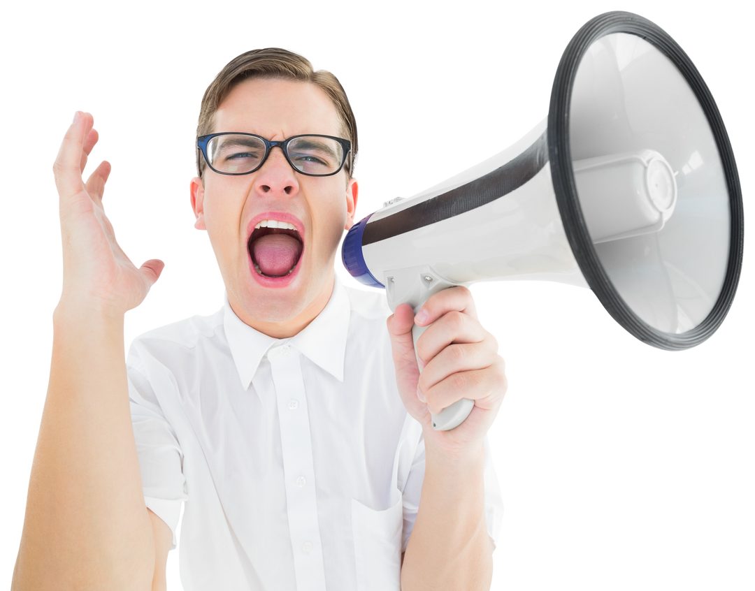 Man with glasses shouting through megaphone transparent background - Download Free Stock Images Pikwizard.com