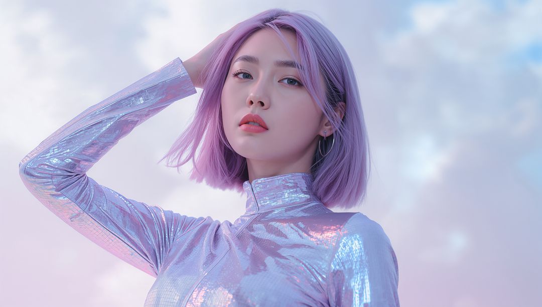 Stylish Model Posing with Lavender Metallic Outfit and Pastel Sky Backdrop