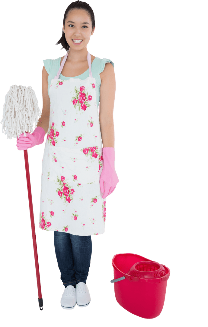 Woman Wearing Apron Holding Mop and Bucket on Transparent Background