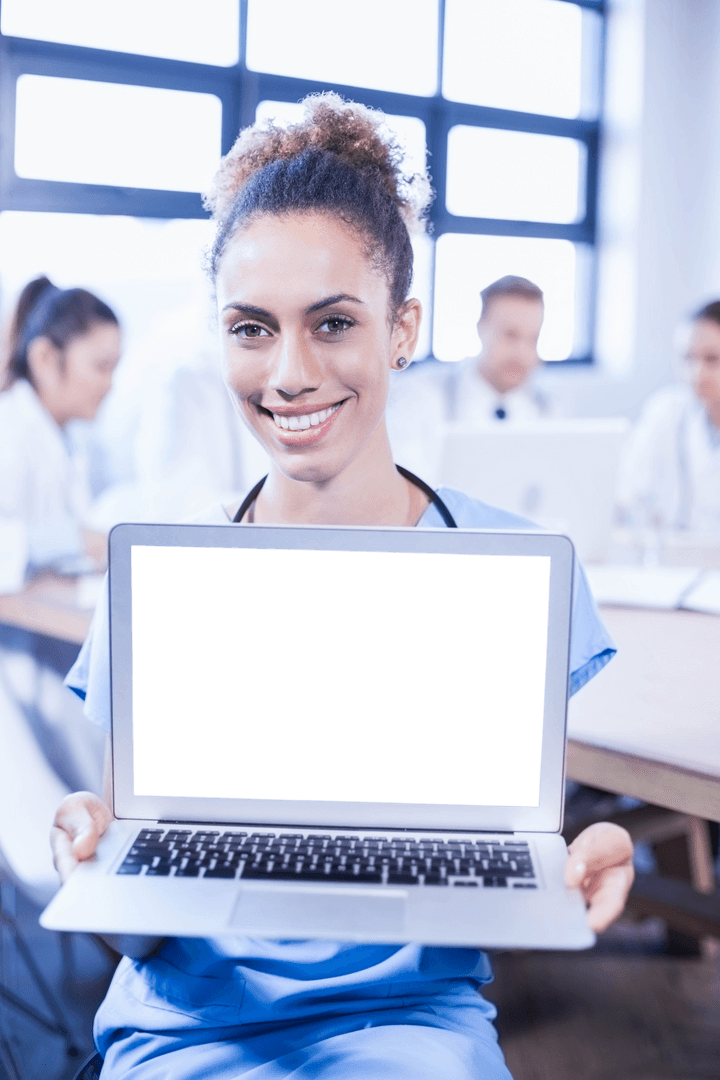 Transparent Laptop Screen Held Women Professional Smiling Workspace