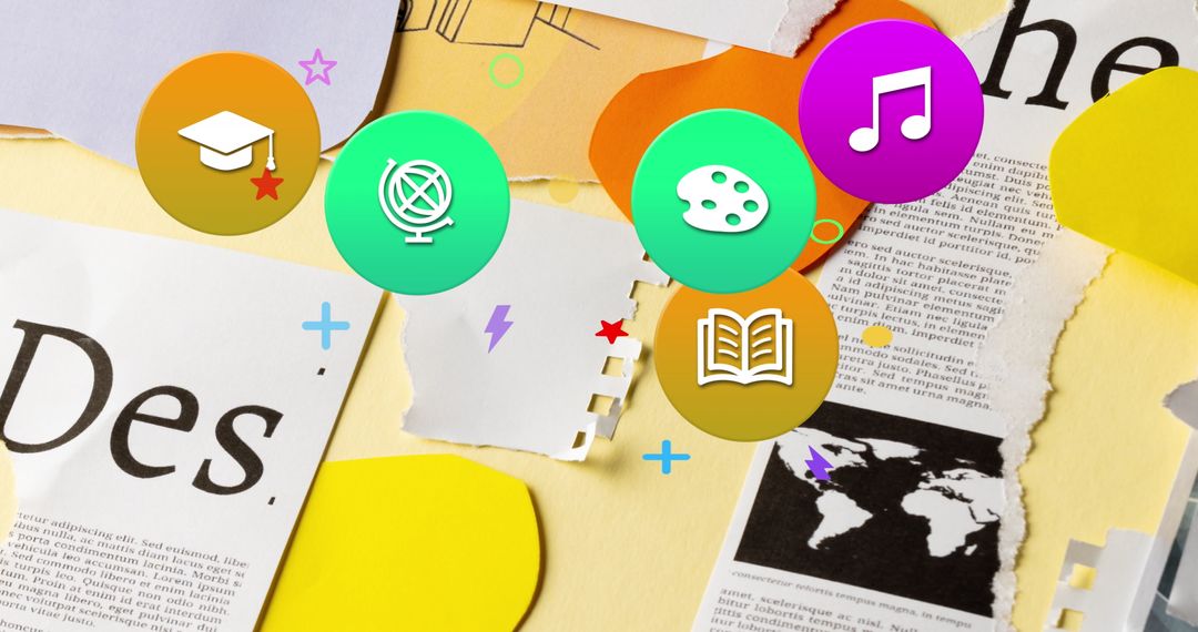 Educational Icons Overlaying Retro Paper Collage for Creative Learning Concept