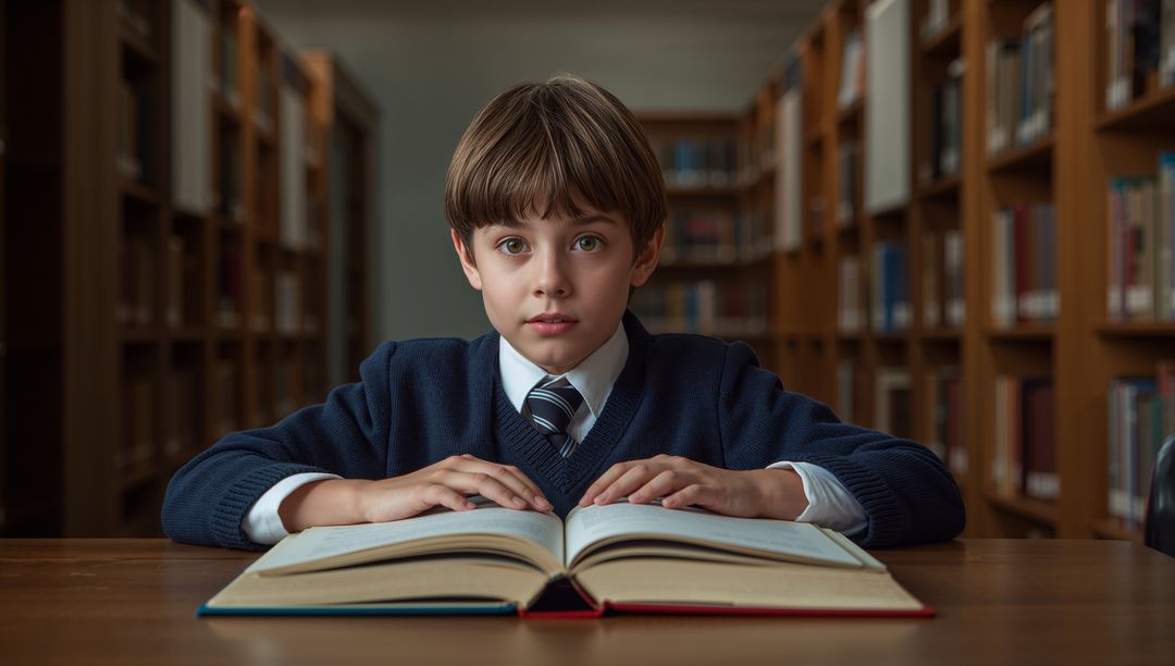 Schoolboy Studying at Library Table with Open Book