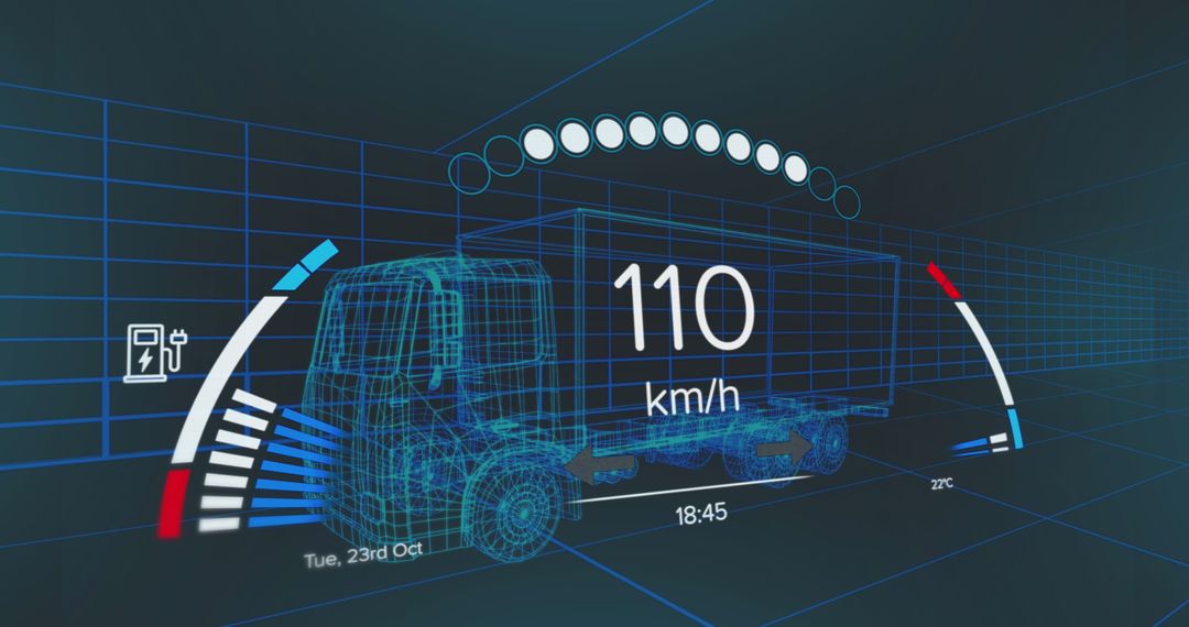 Futuristic 3D Wireframe of Cargo Truck with Speed and Energy Gauges