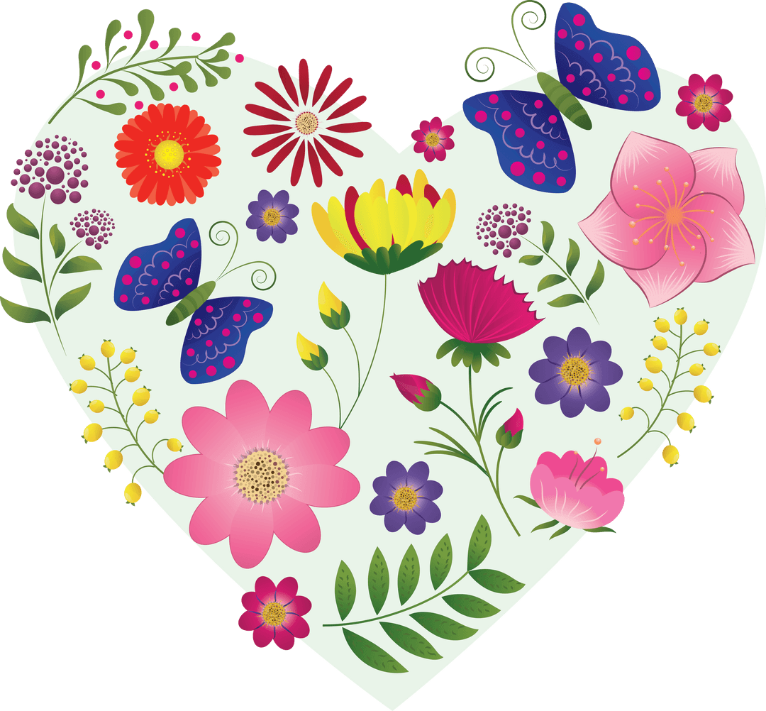 Colorful Floral and Butterfly Heart Artwork on Transparent Background