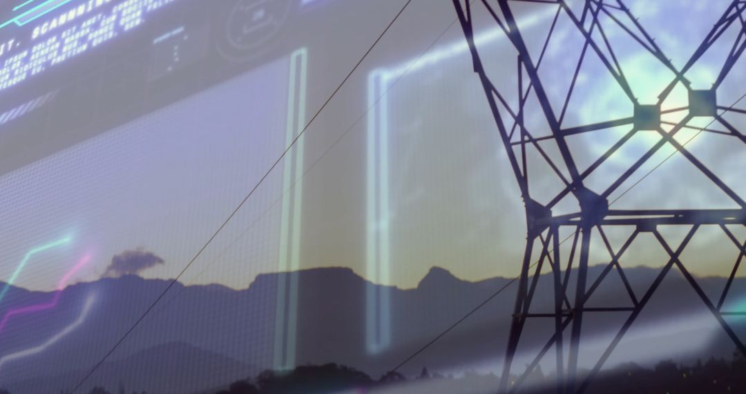 Futuristic Interface Overlay on Power Lines at Dusk
