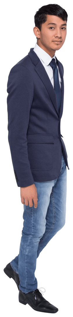 Smiling Asian Businessman in Jeans and Suit on Transparent Background