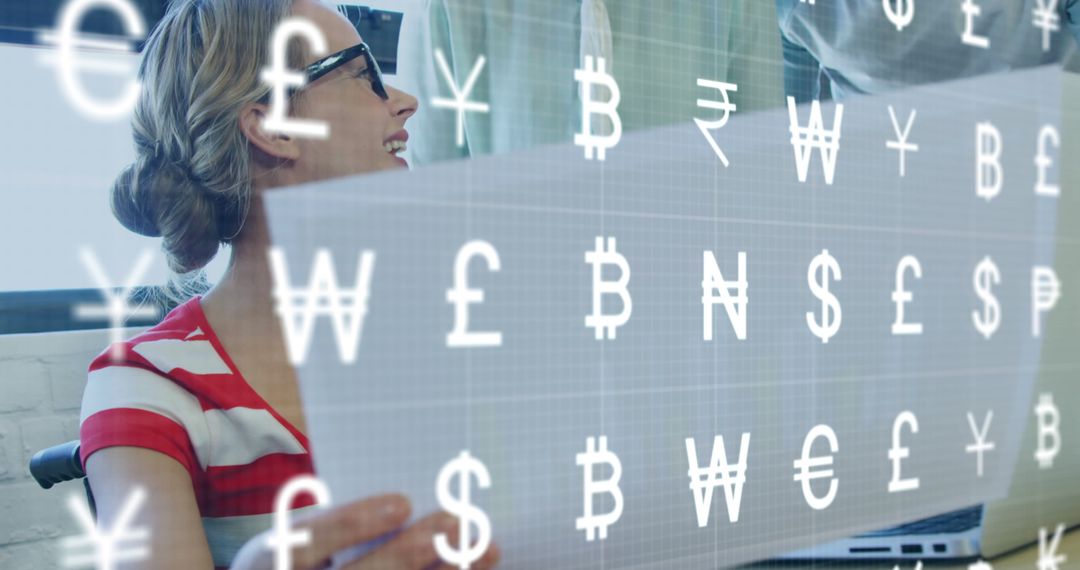 Businesswoman analyzing financial data with international currency symbols - Free Images, Stock Photos and Pictures on Pikwizard.com