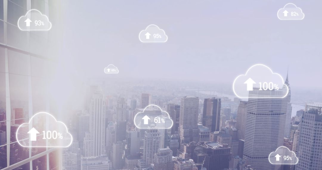 Digital Cloud Network Over Cityscape Featuring Data Connectivity