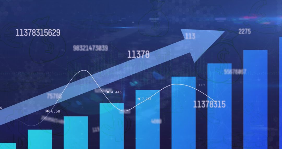Rising Bar Graph with Statistics in Blue Background Symbolizing Economic Growth