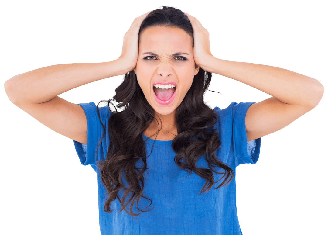 Transparent Portrait of Angry Woman Shouting with Hands on Head