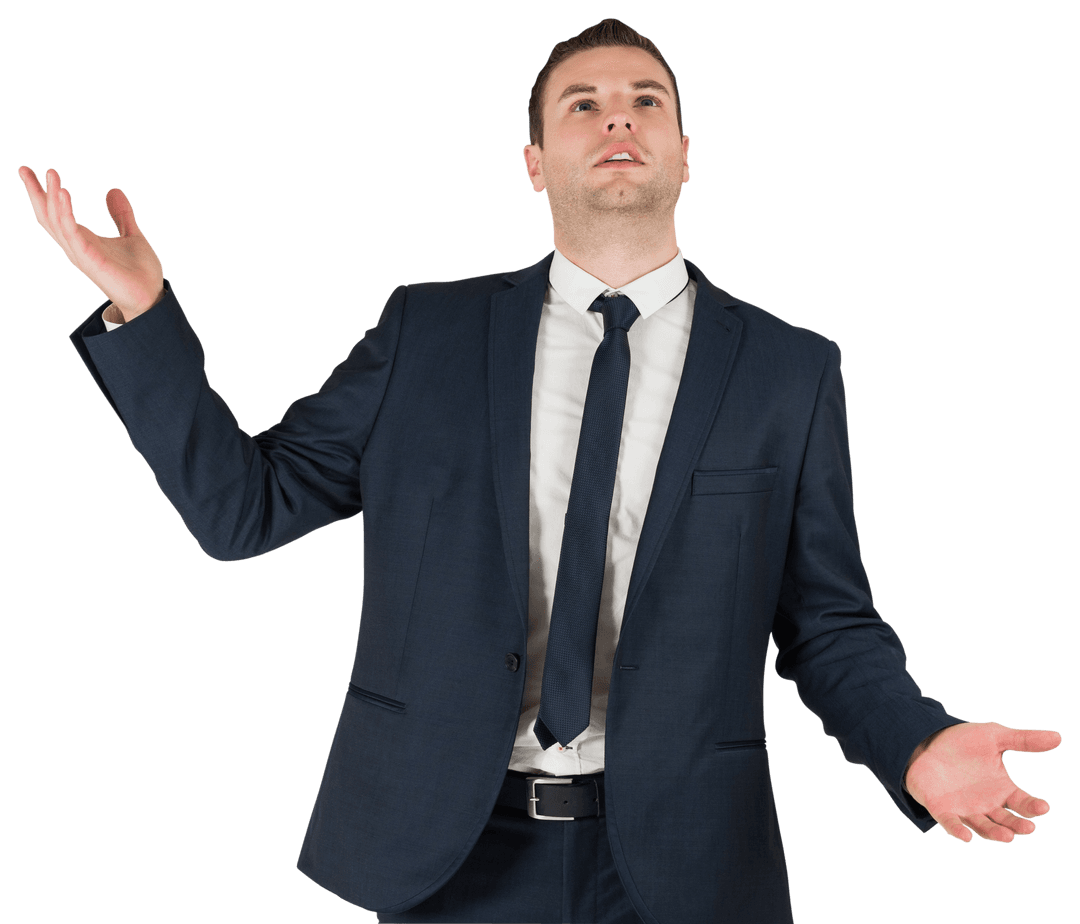 Caucasian Businessman Engaging with Virtual Interface on Transparent Background