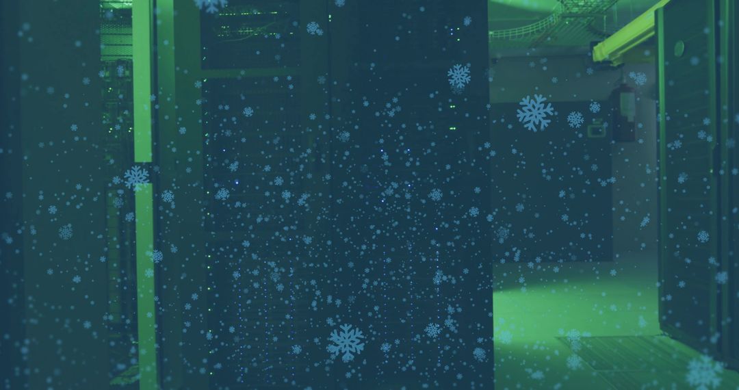 Glowing central server rack bathed in teal and green light with digital snow overlay