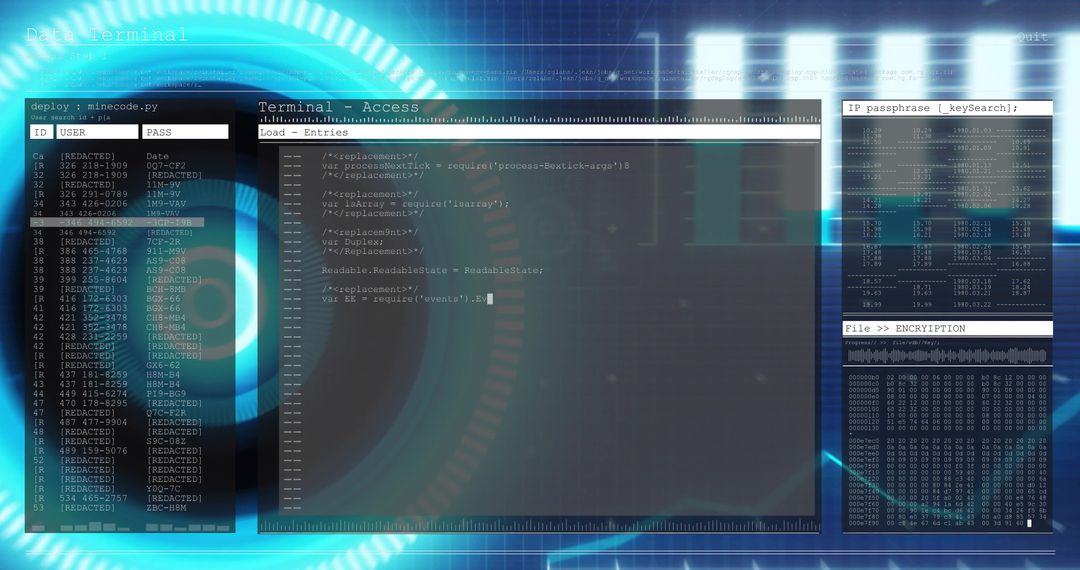 Cybersecurity Dashboard Displaying Central Terminal Code, Encrypted Credentials and Hexdump