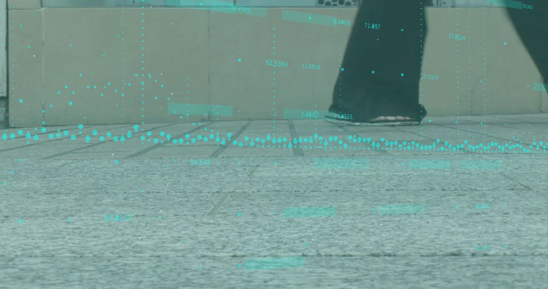 Urban Stride with Futuristic Data Overlay in City Plaza