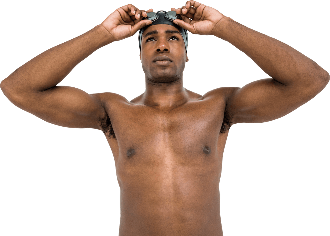 Focused Athlete Adjusting Goggles, Transparent Background
