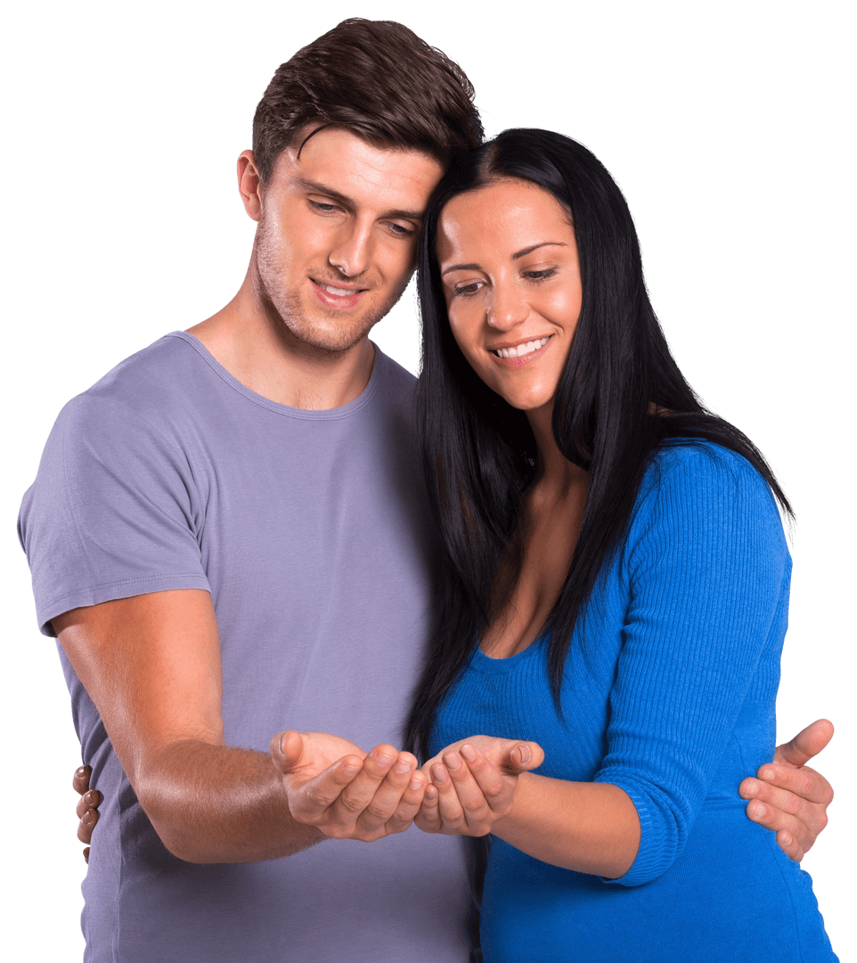 Young Couple Holding Out Palms Transparent Background