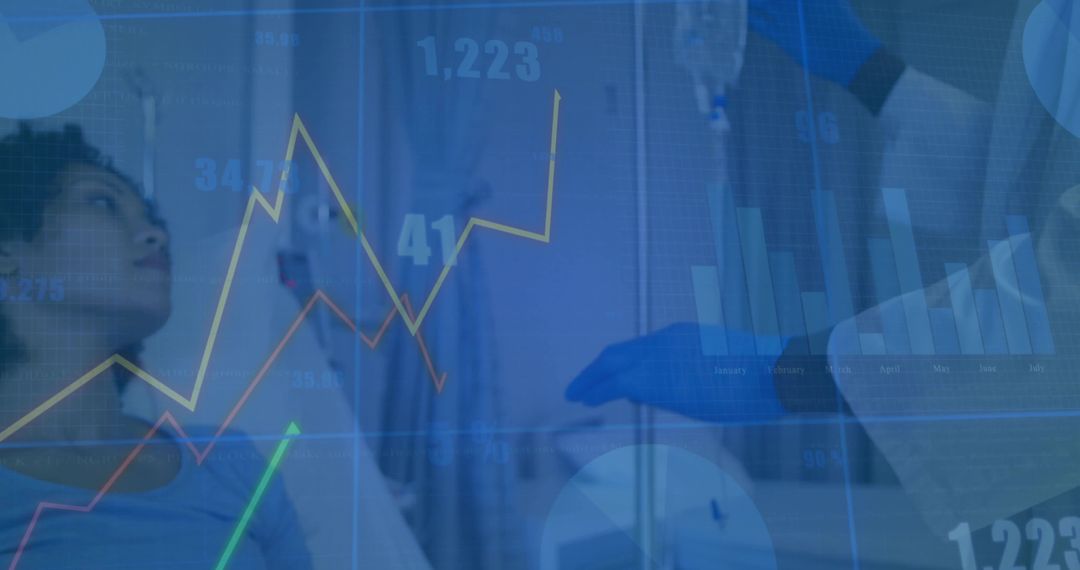 Nurse Adjusting IV Drip While Observing Patient with Data Overlays