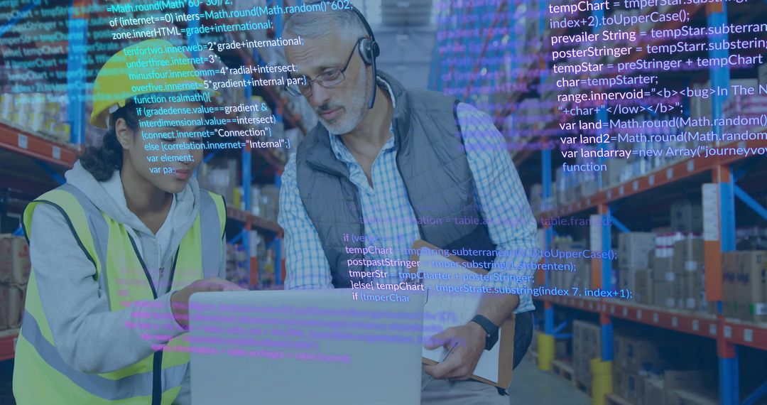 Warehouse Workers Collaborating on Laptop Checking Inventory with Augmented Data Overlay