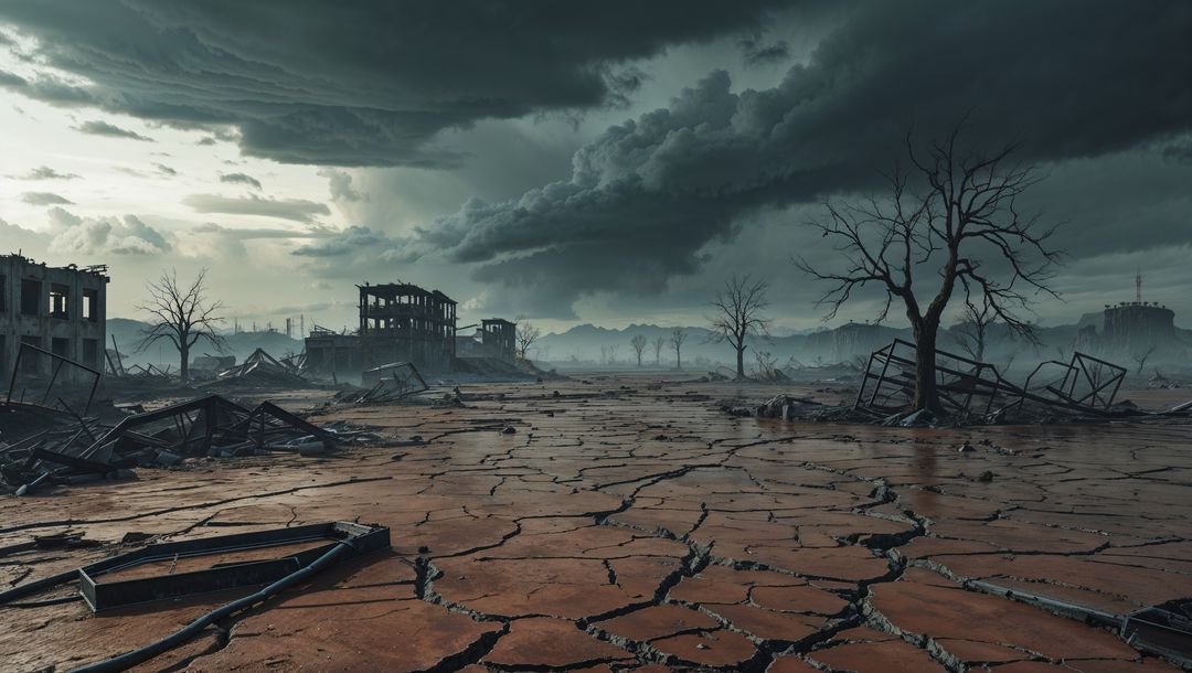 Harsh dystopian landscape with abandoned ruins and stormy sky in apocalypse aftermath